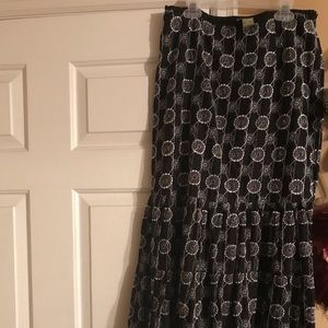 B & W embroidered FEMME long, flair skirt. SideZip